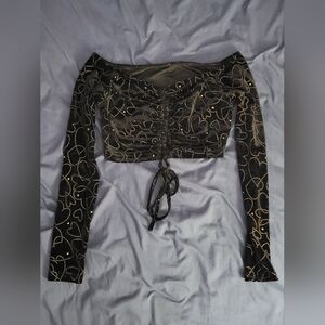 Shein - Gold Heart Print Bling Long Sleeve Velvet Crop Top